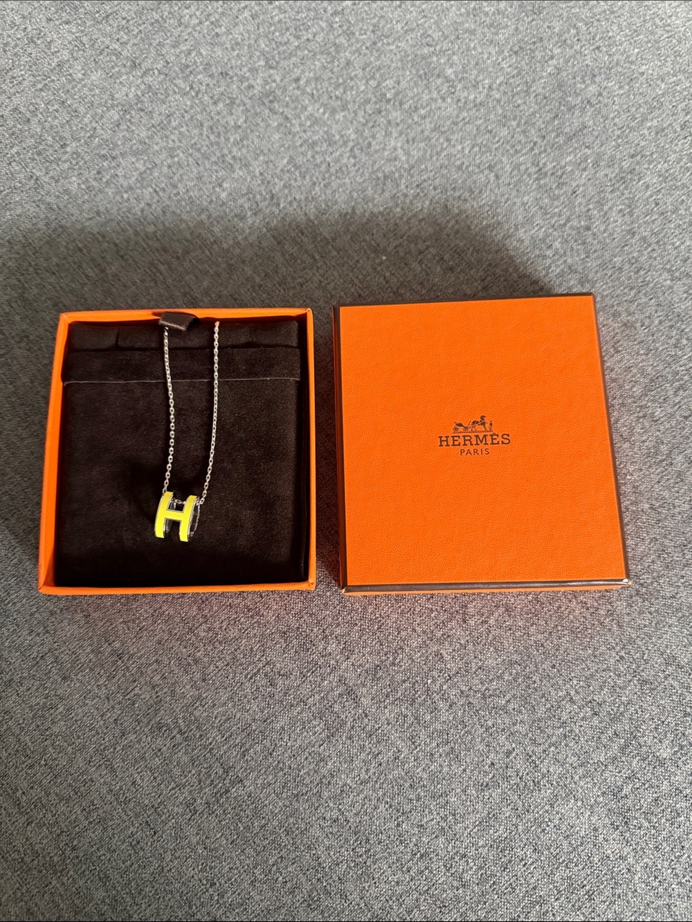 Hermes Silver Chain Necklace with Yellow H Pendant